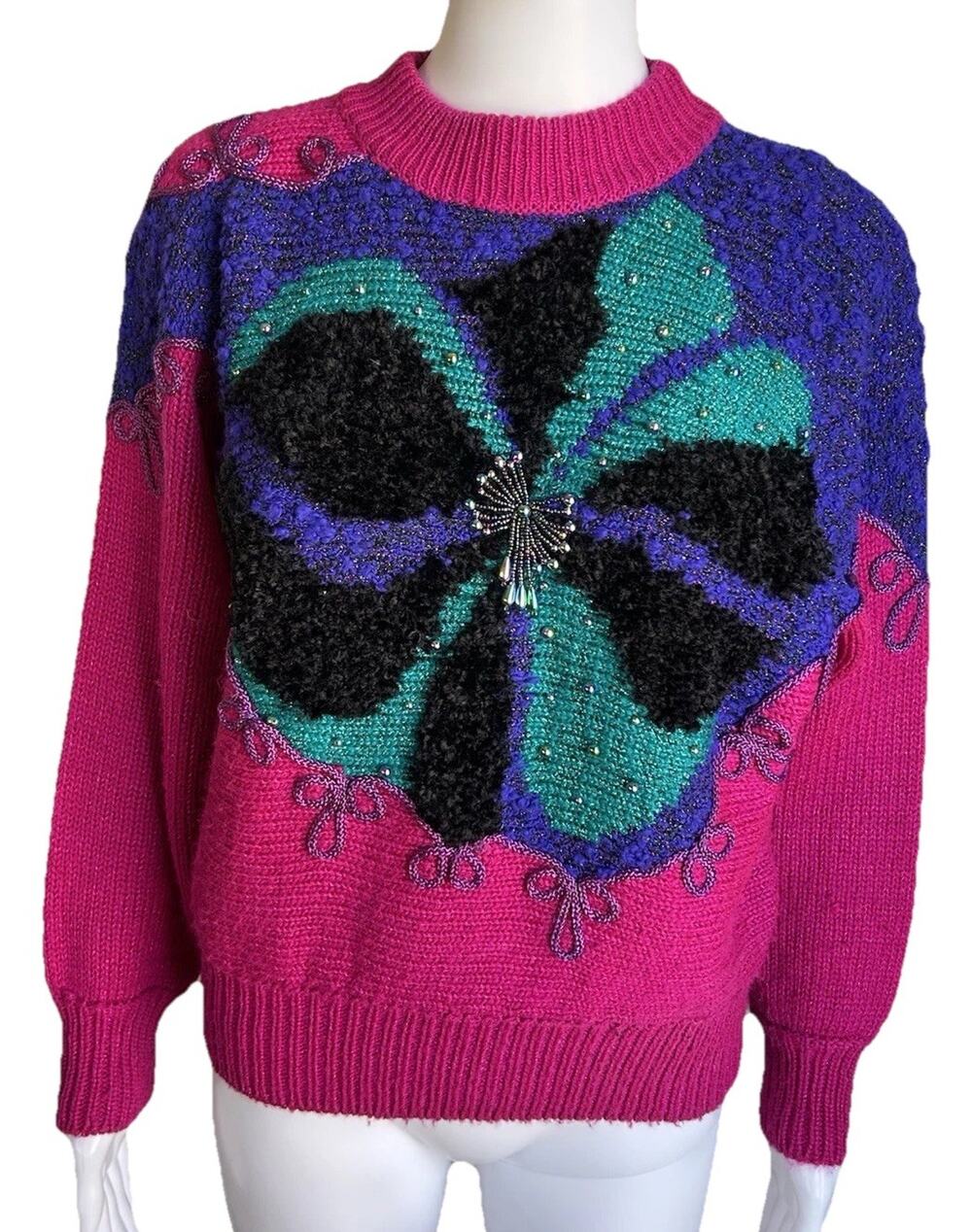 Vintage Jaclyn Smith Beaded Floral Sweater Womens M Pink Colorblock 80s